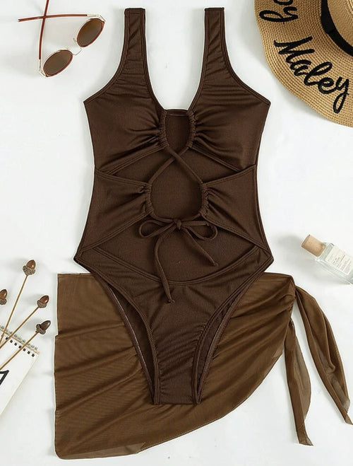 Fashion Export Cross-Border Cut Out Pure Color Ribbon Chest Pad Sleeveless Mesh Sexy One Piece Swimsuit Sexy Bikini Swimsuit