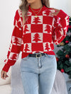 Christmas Tree Plaid Lantern Sleeve Pullover Sweater