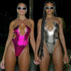 Womens Metallic Shiny Bikini Cross Halter Hollow Out Backless Swimwear Bodysuit