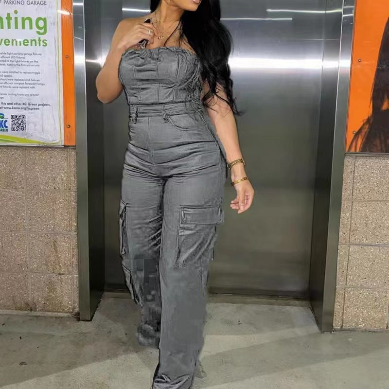 Off-the-shoulder Tube Top Tight-fitting Cinched PU Leather Jumpsuit