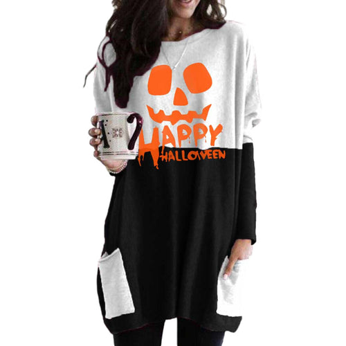 Halloween Letter print round neck long sleeve pocket dress