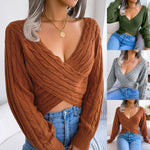 Cross V-neck Twist Long Sleeves Cropped Sweaters Women's Clothing