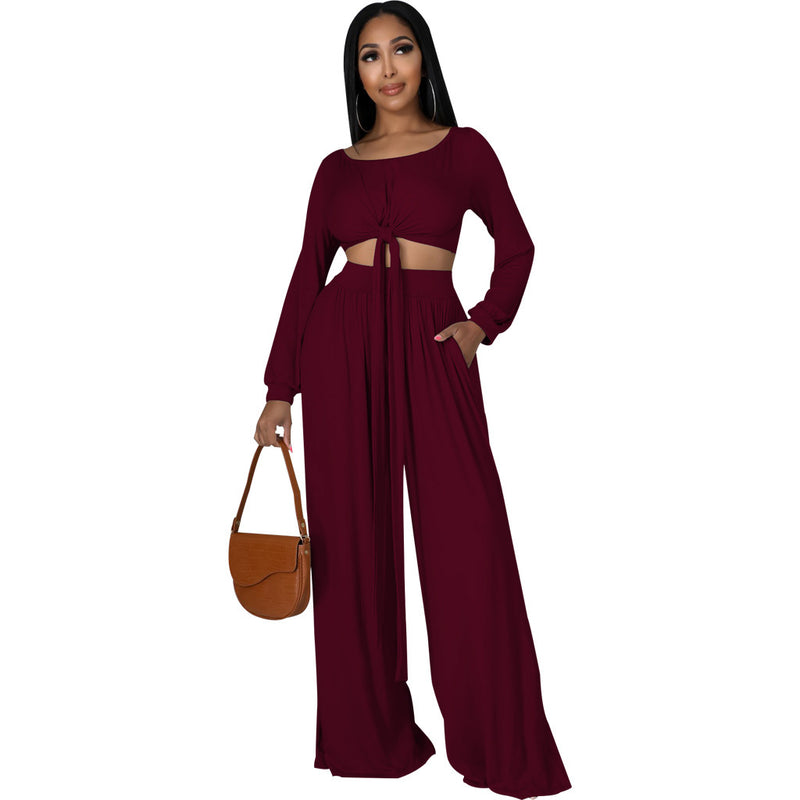 Women's Fashion Solid Color Long Sleeve Crew Neck Top Trousers Set