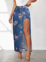 High Slit Denim Skirt Women's Washed Solid Color Midi Skirt