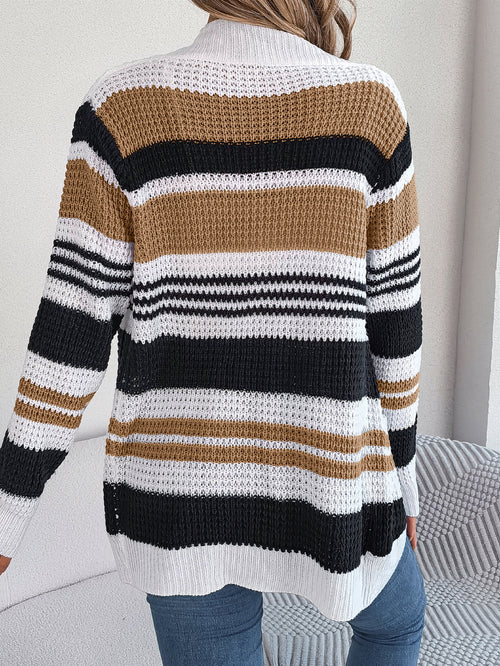Women Casual Color Block Stripe Pocket Long Sleeve Cardigan Sweater