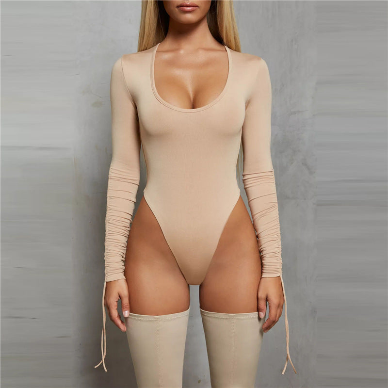 Sexy Solid Color Long Sleeve Scoop Neck Bodysuit - Stretchy Micro Elasticity, Drawstring Details, Machine Washable - Perfect For Spring And Fall Season