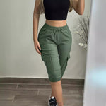 Khaki Casual Patch Pocket Elastic Cropped Pants