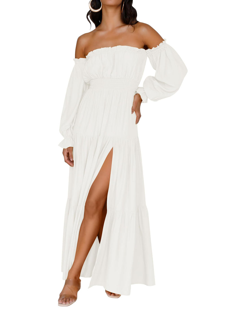 ZESICA Women's 2024 Boho Sexy Off Shoulder Long Sleeve Smocked High Waist Side Split Flowy A Line Tiered Long Maxi Dress,White,Small