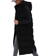 BTFBM Long Puffer Vest Women Quilted Hooded Button Down Zip Up Sleeveless Vests Outerwear Padded Jacket Winter Coat 2024(Black, Large)