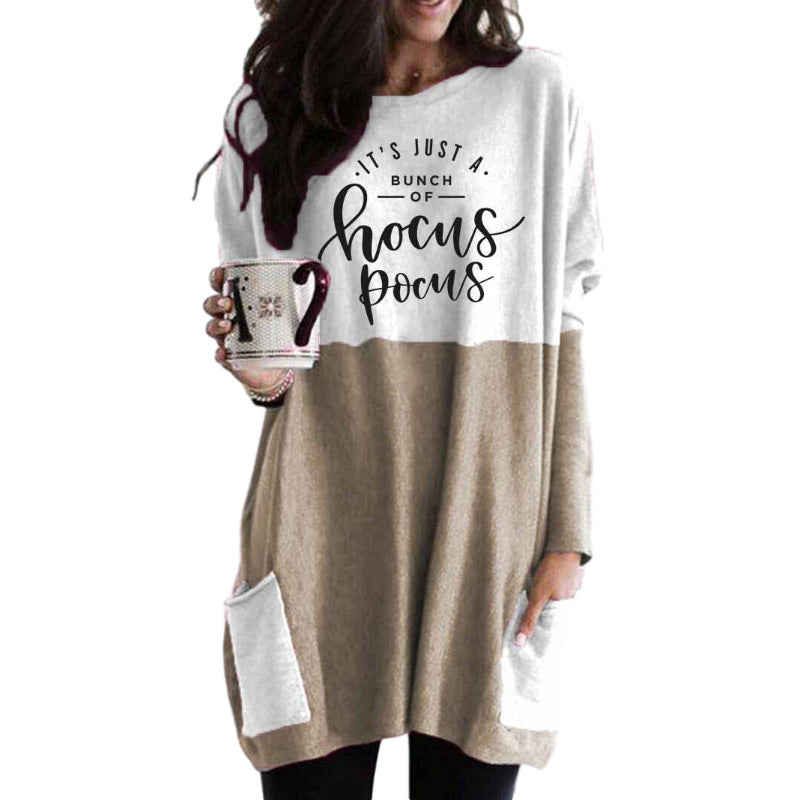 Halloween Letter print round neck long sleeve pocket dress