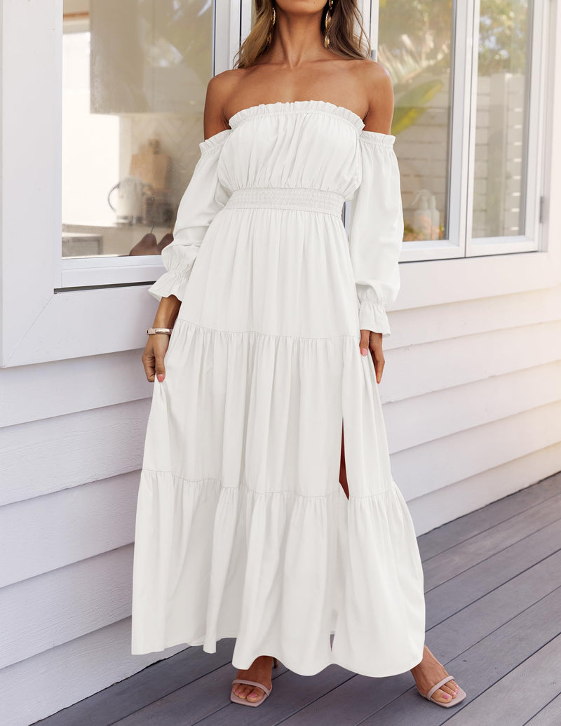 ZESICA Women's 2024 Boho Sexy Off Shoulder Long Sleeve Smocked High Waist Side Split Flowy A Line Tiered Long Maxi Dress,White,Small