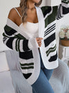 Women Casual Color Block Stripe Pocket Long Sleeve Cardigan Sweater