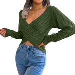Cross V-neck Twist Long Sleeves Cropped Sweaters Women's Clothing