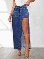 High Slit Denim Skirt Women's Washed Solid Color Midi Skirt