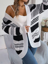 Women Casual Color Block Stripe Pocket Long Sleeve Cardigan Sweater