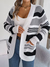 Women Casual Color Block Stripe Pocket Long Sleeve Cardigan Sweater