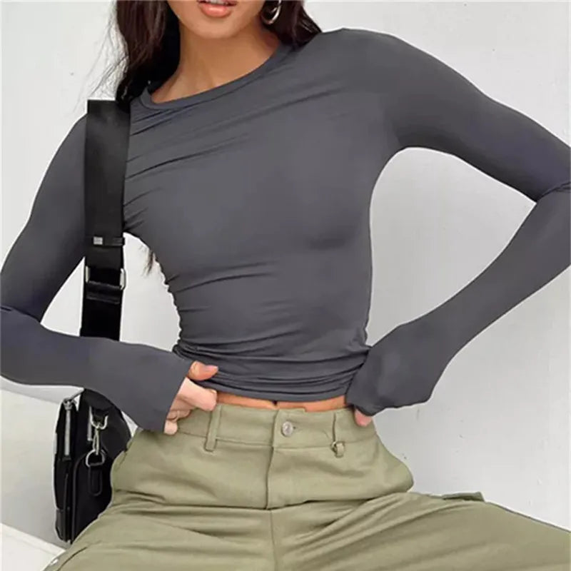 Women Long Sleeve T Shirt Solid Slim Fit Casual Shirts