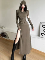 Kliou Retro Waste Soil Style Design Sense Hood Dress Women Temperament Pleat Slimming High Split Gyaru Long dress