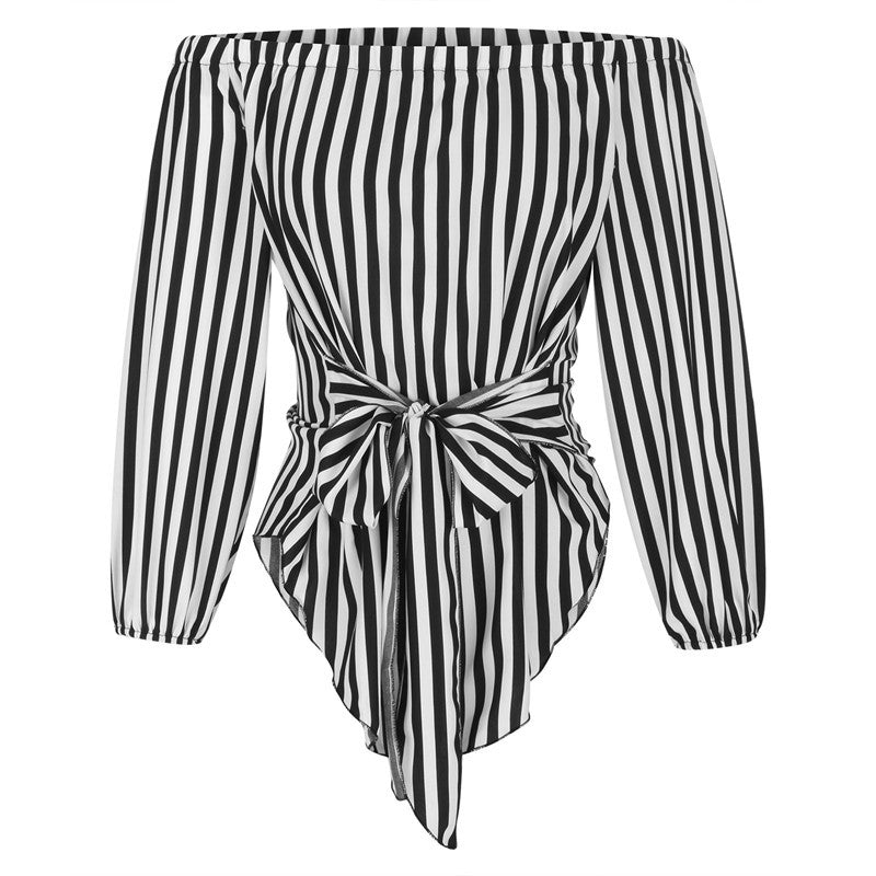 Black And White Striped Sexy Fashion Off-shoulder Shirt