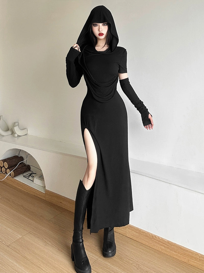 Kliou Retro Waste Soil Style Design Sense Hood Dress Women Temperament Pleat Slimming High Split Gyaru Long dress