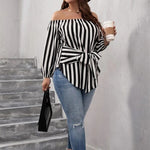 Black And White Striped Sexy Fashion Off-shoulder Shirt