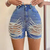 Denim Shorts High Waist Slimming Handmade Bead Necklace Ripped Skirt