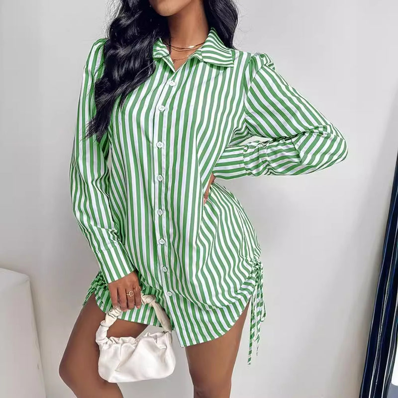 Women's Fashion Color Contrast Striped Long Sleeve Lapel Shirt Dress