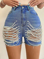 Denim Shorts High Waist Slimming Handmade Bead Necklace Ripped Skirt