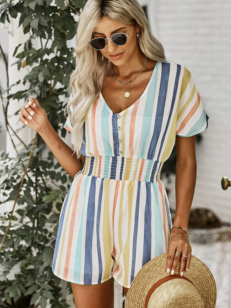 Stripes Silm V Neck Thin Short Sleeve