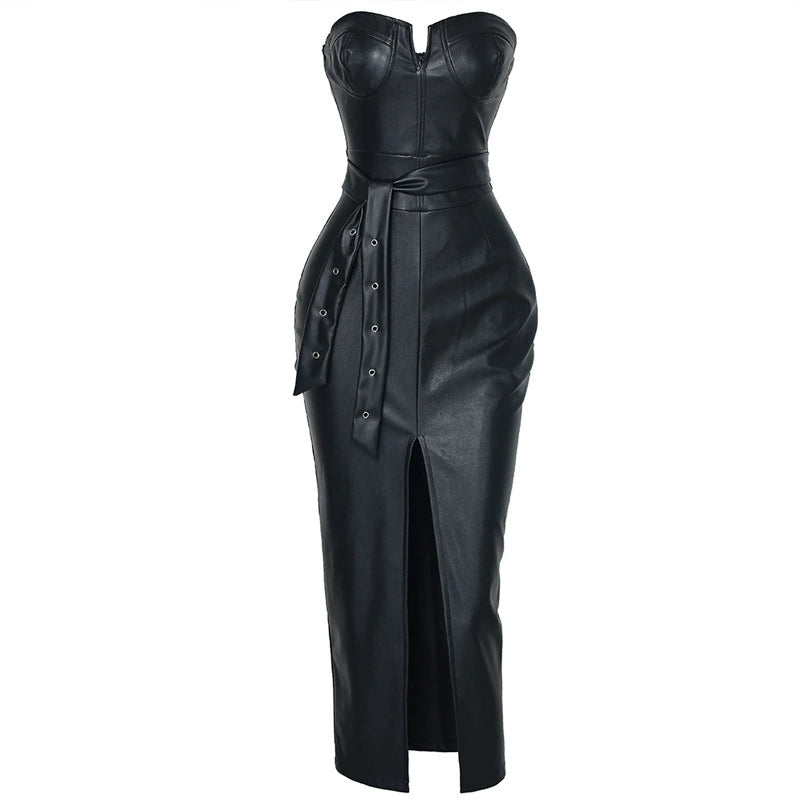 PU Leather Slit Dress Black