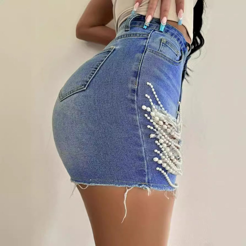 Denim Shorts High Waist Slimming Handmade Bead Necklace Ripped Skirt