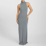 Elegant Solid Color Turtleneck Sleeveless Slim High Waist Length Dress