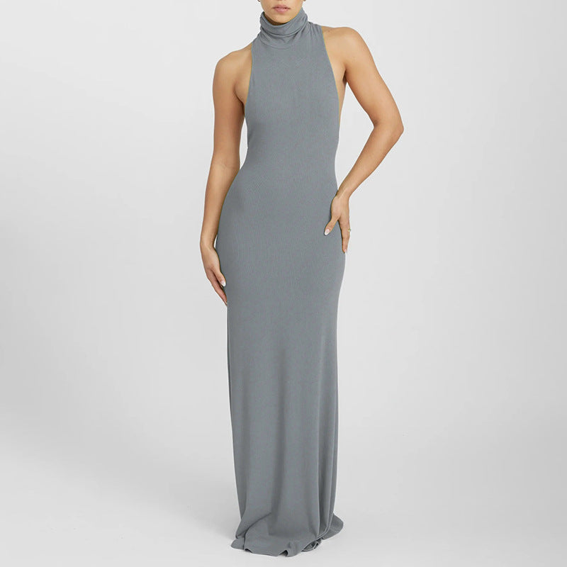 Elegant Solid Color Turtleneck Sleeveless Slim High Waist Length Dress