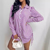 Women's Fashion Color Contrast Striped Long Sleeve Lapel Shirt Dress