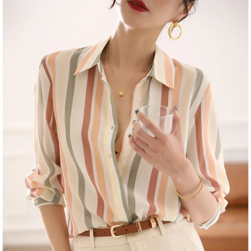 Stripe Women Shirt Satin Vintage Shirt