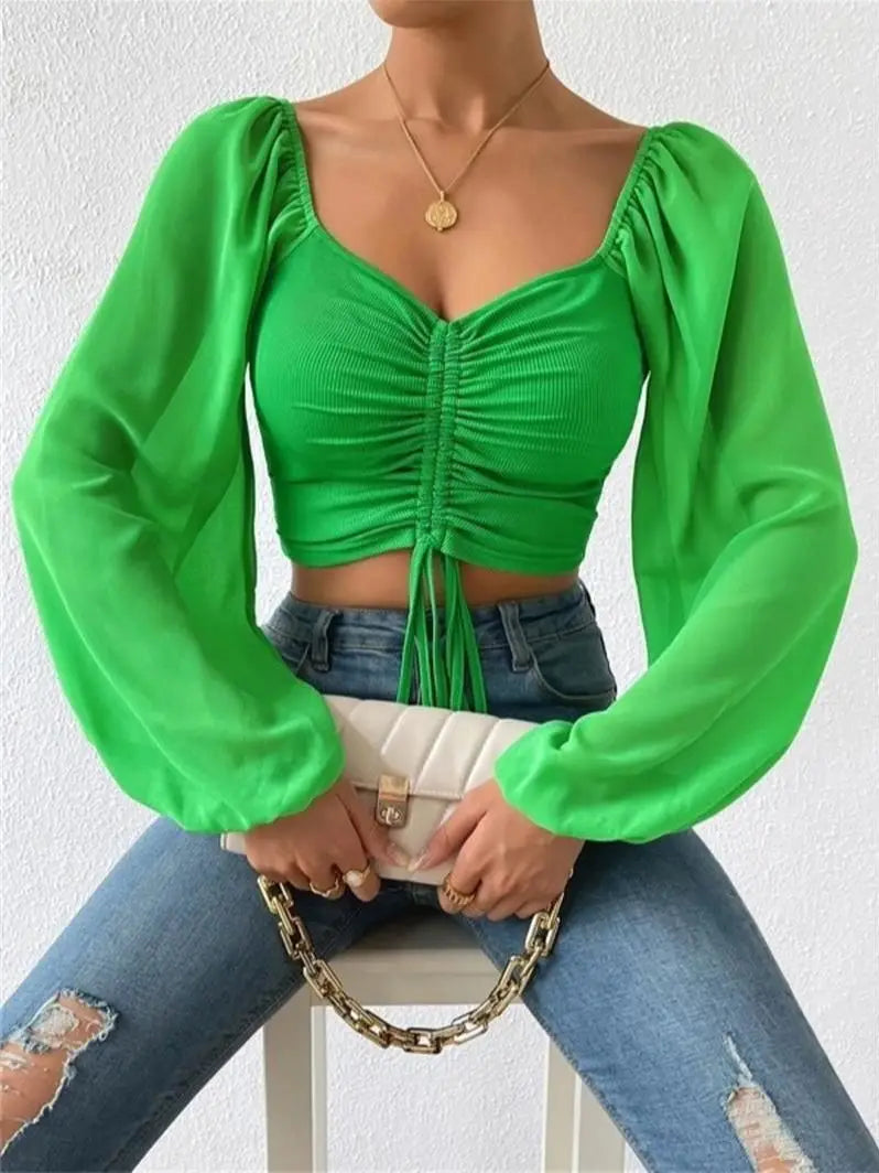 Women’s Tops Puff Sleeve Sexy Close-Fitting Summer and Spring Lace up V-neck Fashion Solid Color Simple Long Sleeve