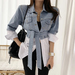 Button Up Patchwork Long Denim Top