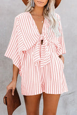 Womens Sexy Deep V-neck Romper Summer Loose Stripe Playsuit Ladies Fashion Holiday Pants Beach Lace Up Jumpsuit Ropa Mujer 2024