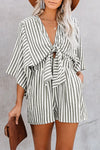 Womens Sexy Deep V-neck Romper Summer Loose Stripe Playsuit Ladies Fashion Holiday Pants Beach Lace Up Jumpsuit Ropa Mujer 2024