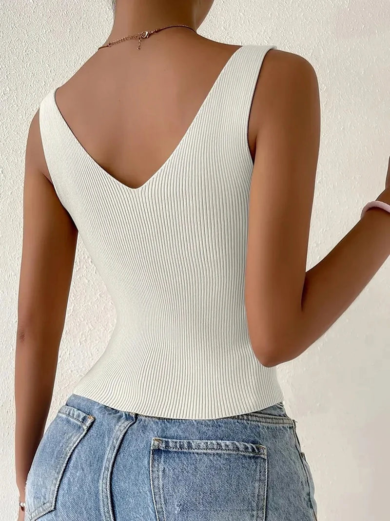 Drawstring Front Ribbed Split Cropped Tank