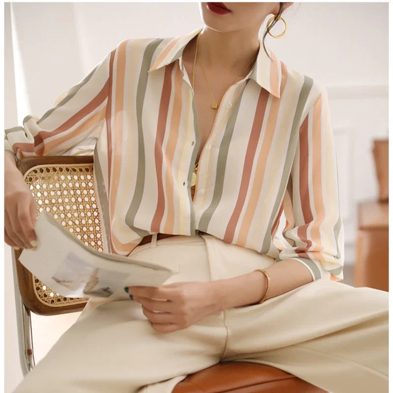 Stripe Women Shirt Satin Vintage Shirt