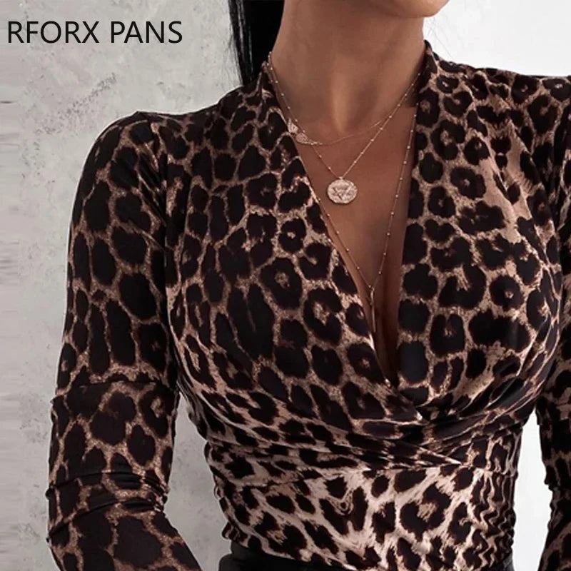 Women Cheetah Print V-neck Long Sleeve Top Blouse Womens Tops and Blouses