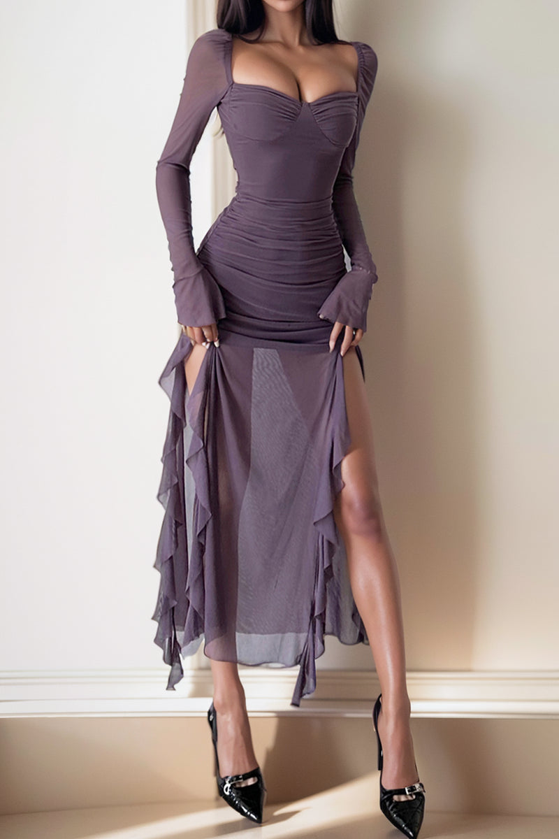 Kliou Elegant Sexy Style Absolutely Purple Square Collar Dress Women's Ruffles Patchwork Slit Figure-Flattering Midi Dress