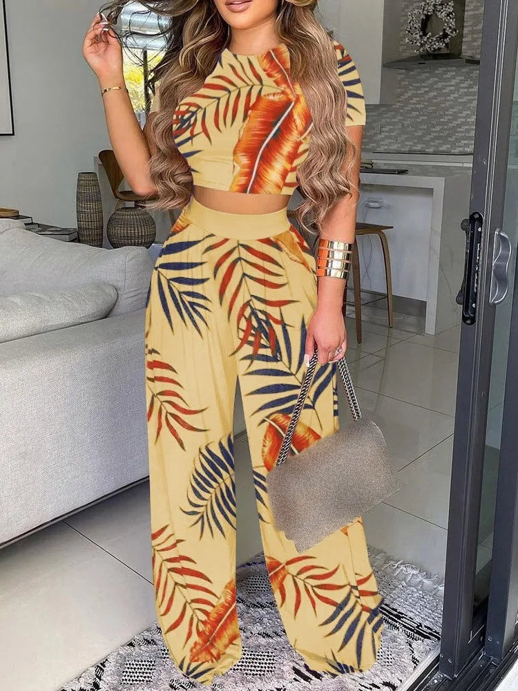 Women's Sexy Ultra Short Top Set Summer Fashion Printed Waist Long Pants 2 Piece Set