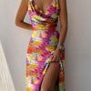 Women's V-neck Slip Dress Low Cut Printed Slit Dress