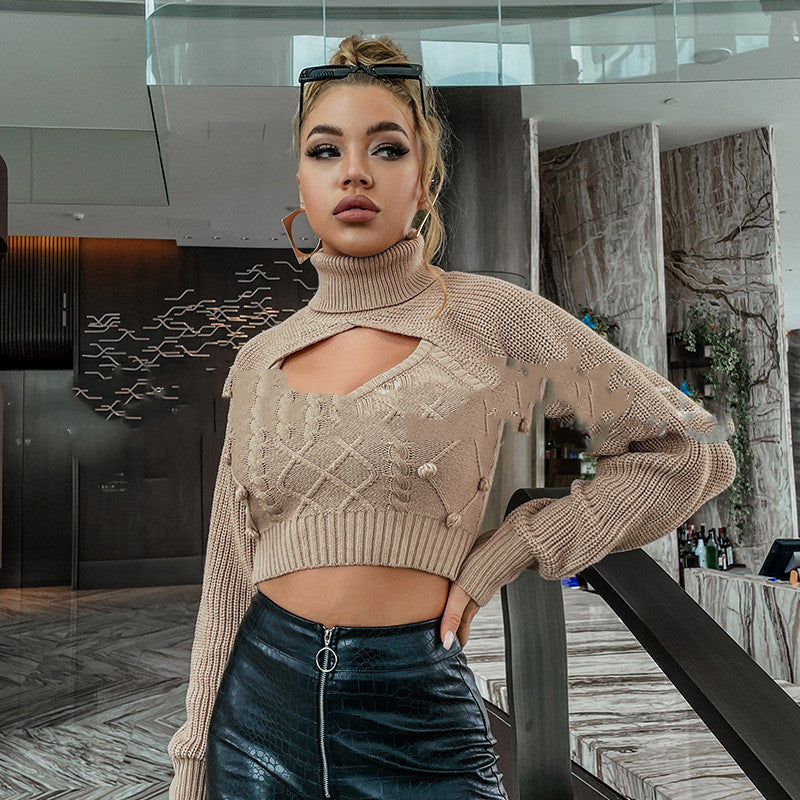 Camel Turtleneck Short Top Autumn New European And American Hollow Nightclub Sweater