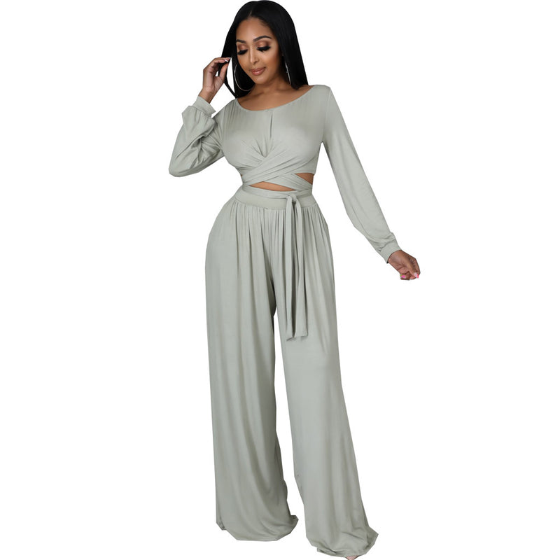 Women's Fashion Solid Color Long Sleeve Crew Neck Top Trousers Set