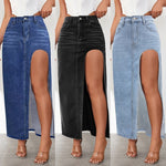 High Slit Denim Skirt Women's Washed Solid Color Midi Skirt