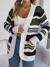 Women Casual Color Block Stripe Pocket Long Sleeve Cardigan Sweater