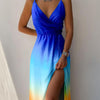 Women's V-neck Slip Dress Low Cut Printed Slit Dress